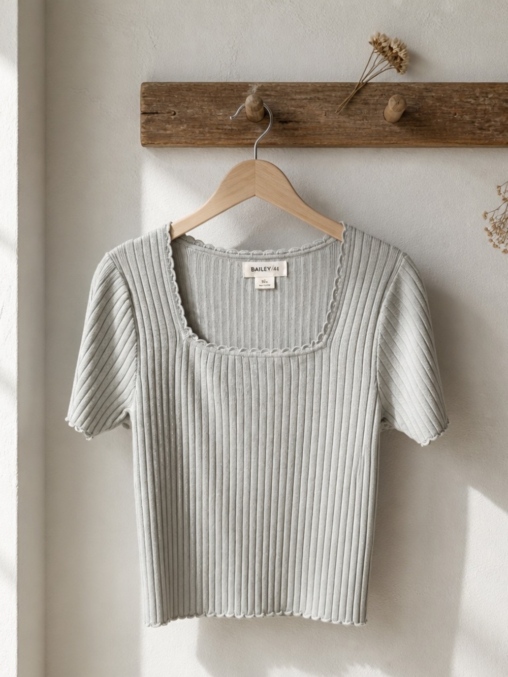 Bailey 44 Pale Gray Ribbed Square-Neck Short Sleeve Top